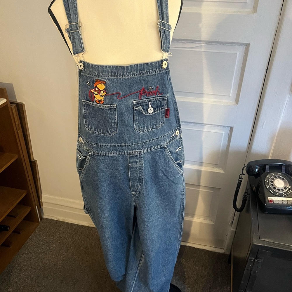 Disney Winnie The Pooh Bib Overalls Blue Denim Women's Medium Embroidered